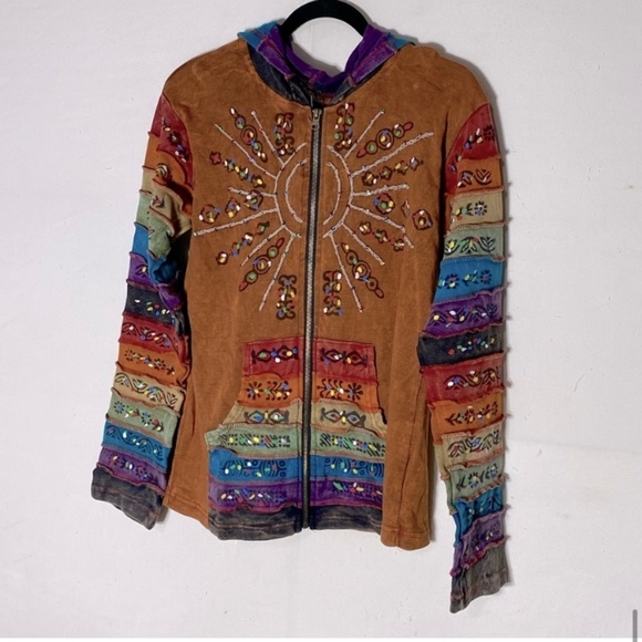 Rising International Orange Sun Rainbow Patchwork Stone Wash Full Zip Hoodie M - Picture 14 of 14